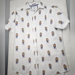 Denim & Flower Teddy Bear USA Print Button Down Shirt Men’s M Slim Fit